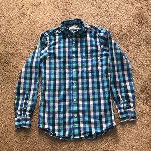Men’s blue plaid button dress shirt, long sleeve-S